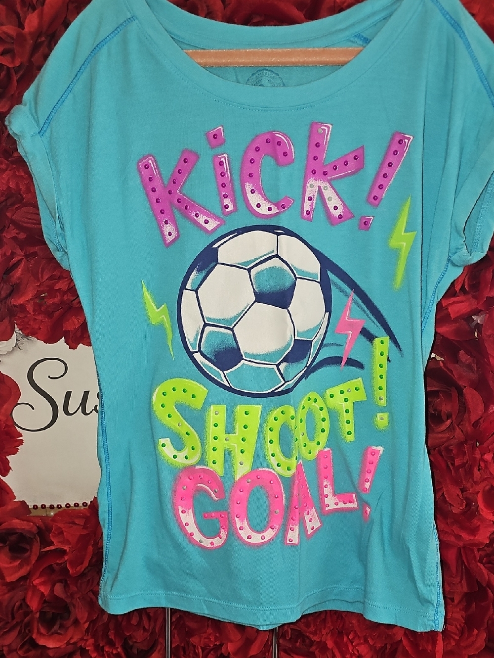 SO Girls' Turquoise 'Kick! Shoot! Goal!' Soccer Graphic Tee Size 10/12